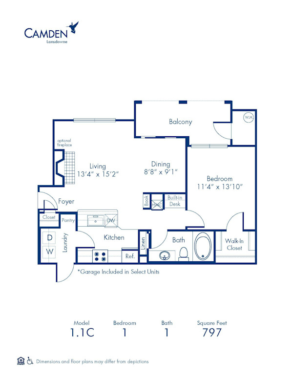 Blueprint of 1.1C Floor Plan, 1 Bedroom and 1 Bathroom at Camden Lansdowne Apartments in Lansdowne, VA