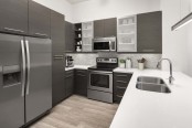 Kitchen with a wraparound white quartz countertop, modern cabinets, and stainless steel appliances at Camden Victory Park apartments in Dallas, TX