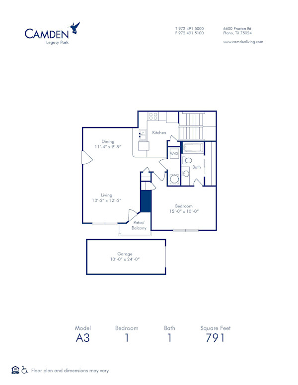 Blueprint of A3 Floor Plan, 1 Bedroom and 1 Bathroom at Camden Legacy Park Apartments in Plano, TX