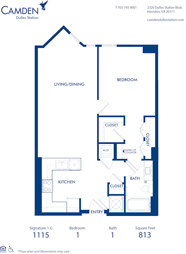 Blueprint of Signature 1.G Floor Plan, 1 Bedroom and 1 Bathroom at Camden Dulles Station Apartments in Herndon, VA