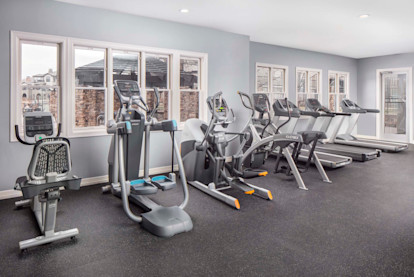 Fitness center with cardio equipment at Camden Lakeway Apartments in Lakewood, CO