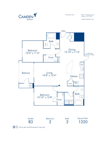 Blueprint of B3 Floor Plan, 2 Bedrooms and 2 Bathrooms at Camden Landmark Apartments in Ontario, CA