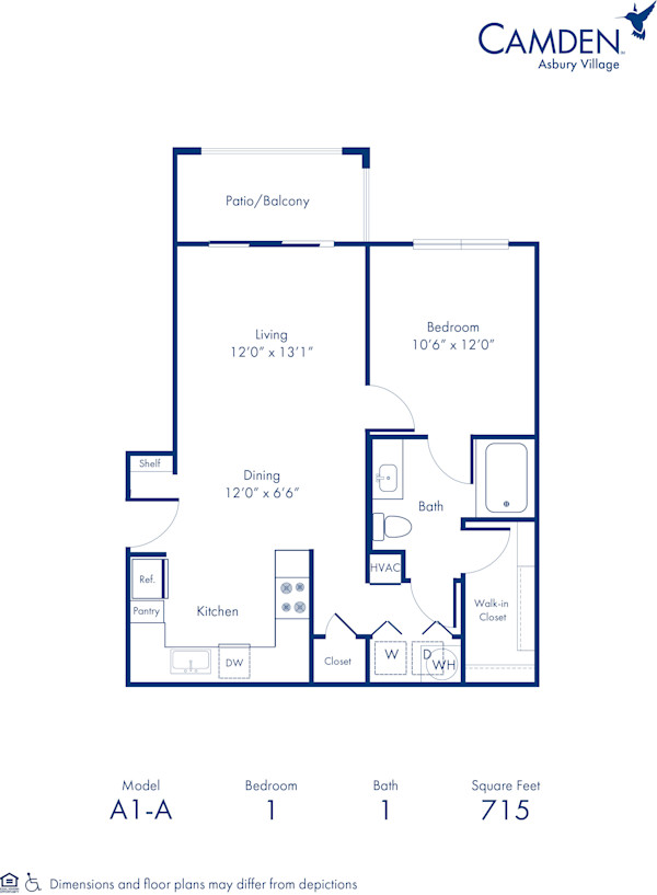 A1-A floor plan at Camden Asbury Village apartments in Raleigh, NC, a 1 bed x 1 bath apartment home
