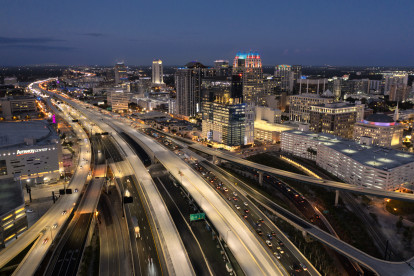 Aerial view of I-4 and Downtown Orlando.