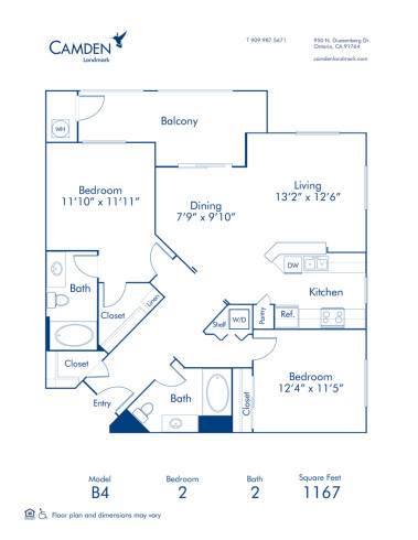 Blueprint of B4 Floor Plan, 2 Bedrooms and 2 Bathrooms at Camden Landmark Apartments in Ontario, CA