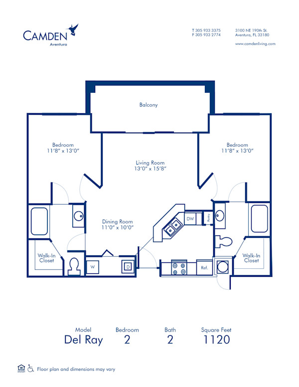 Blueprint of Del Ray Floor Plan, 2 Bedrooms and 2 Bathrooms at Camden Aventura Apartments in Aventura, FL