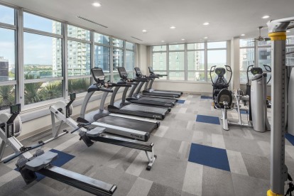 24-hour fitness center with urban views at Camden Rainey Street apartments in Austin, TX