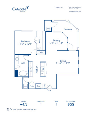 Blueprint of A4.3 Floor Plan, 1 Bedroom and 1 Bathroom at Camden Landmark Apartments in Ontario, CA