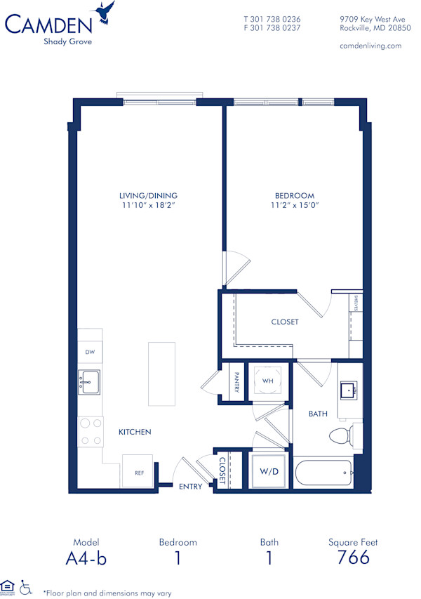 Blueprint of A4-B Floor Plan, 1 Bedroom and 1 Bathroom at Camden Shady Grove Apartments in Rockville, MD