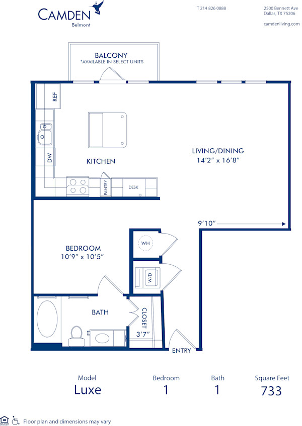 Blueprint of Luxe 1 Floor Plan, 1 Bedroom and 1 Bathroom at Camden Belmont Apartments in Dallas, TX