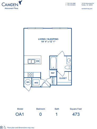 Blueprint of 0A1 Floor Plan, Studio with 1 Bathroom at Camden Monument Place Apartments in Fairfax, VA