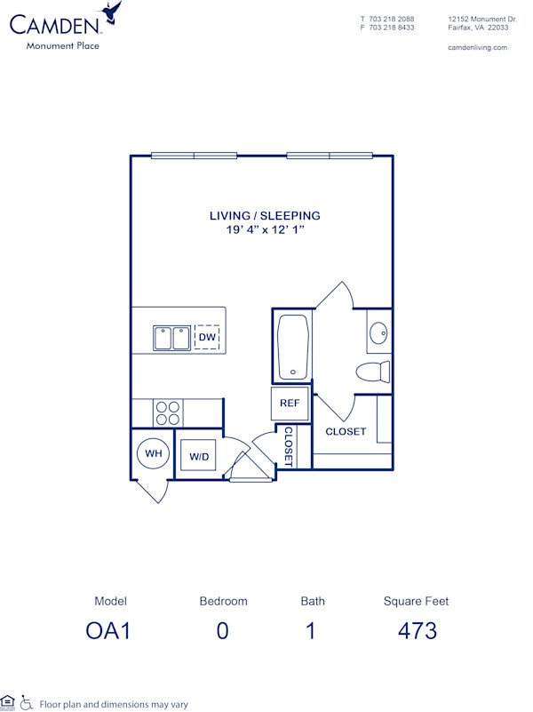 Blueprint of 0A1 Floor Plan, Studio with 1 Bathroom at Camden Monument Place Apartments in Fairfax, VA