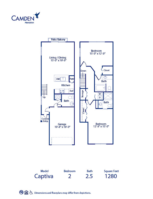 Blueprint of Captiva Floor Plan, 2 Bedrooms and 2.5 Bathrooms at Camden Plantation Apartments in Plantation, FL