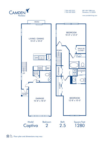 Blueprint of Captiva Floor Plan, 2 Bedrooms and 2.5 Bathrooms at Camden Plantation Apartments in Plantation, FL