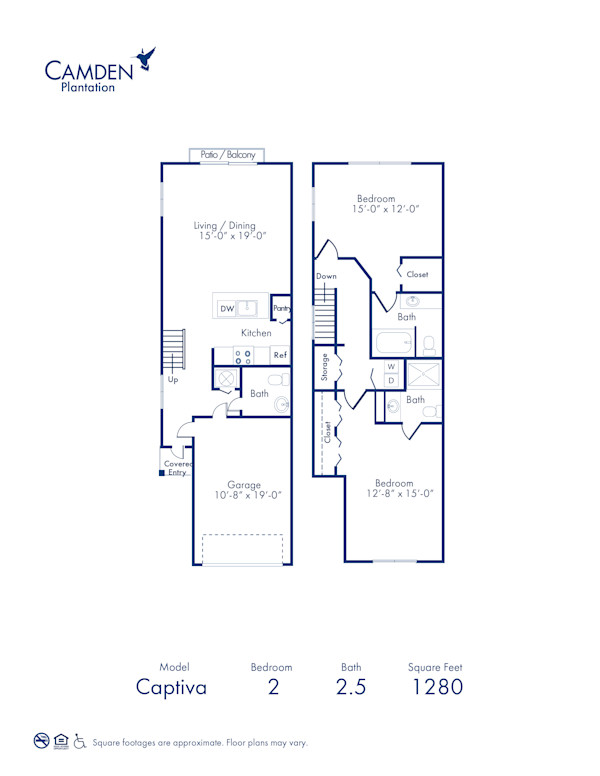 Blueprint of Captiva Floor Plan, 2 Bedrooms and 2.5 Bathrooms at Camden Plantation Apartments in Plantation, FL