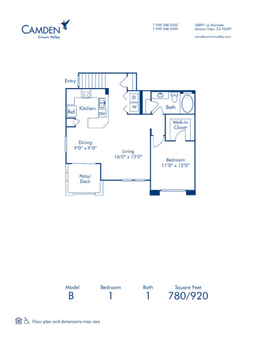 Blueprint of B Floor Plan, 1 Bedroom and 1 Bathroom at Camden Crown Valley Apartments in Mission Viejo, CA