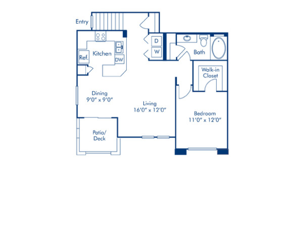 Blueprint of B Floor Plan, 1 Bedroom and 1 Bathroom at Camden Crown Valley Apartments in Mission Viejo, CA