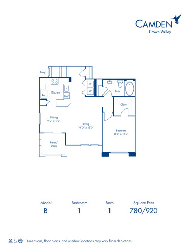 Blueprint of B Floor Plan, 1 Bedroom and 1 Bathroom at Camden Crown Valley Apartments in Mission Viejo, CA