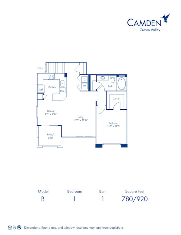 Blueprint of B Floor Plan, 1 Bedroom and 1 Bathroom at Camden Crown Valley Apartments in Mission Viejo, CA
