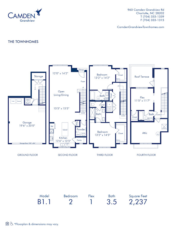 Blueprint of B1.1 Floor Plan, 2 bedroom and 3.5 bathroom apartment home at Camden Grandview Townhomes in Charlotte, NC