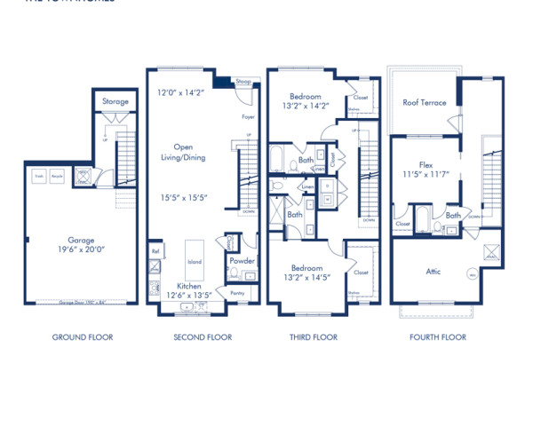 Blueprint of B1.1 Floor Plan, 2 bedroom and 3.5 bathroom apartment home at Camden Grandview Townhomes in Charlotte, NC