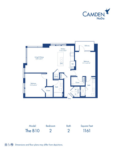 The B10 floor plan, 2 bed, 2 bath at Camden NoDa Apartments in Charlotte, NC