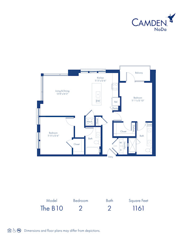The B10 floor plan, 2 bed, 2 bath at Camden NoDa Apartments in Charlotte, NC