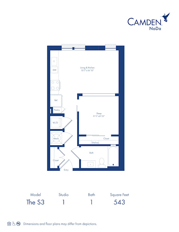 The S3 floor plan, studio with 1 bath at Camden NoDa Apartments in Charlotte, NC