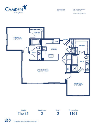 Blueprint of B5 Floor Plan, 2 Bedrooms and 2 Bathrooms at Camden Victory Park Apartments in Dallas, TX
