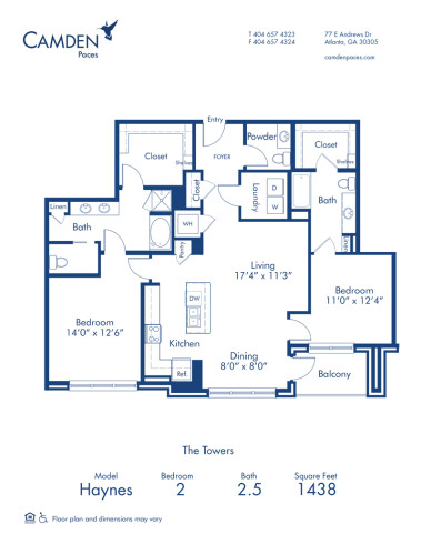 Blueprint of Haynes Floor Plan, 2 Bedrooms and 2 Bathrooms at Camden Paces Apartments in Atlanta, GA