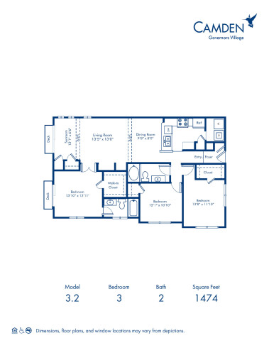 Blueprint of 3.2 Floor Plan, 3 Bedrooms and 2 Bathrooms at Camden Governors Village Apartments in Chapel Hill, NC