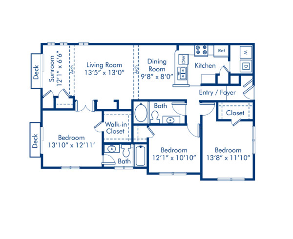 Blueprint of 3.2 Floor Plan, 3 Bedrooms and 2 Bathrooms at Camden Governors Village Apartments in Chapel Hill, NC