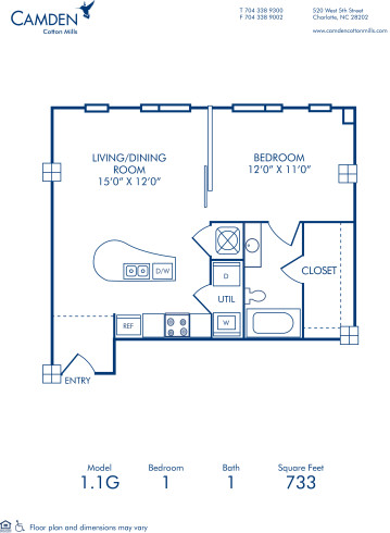 Blueprint of 1.1G Floor Plan, 1 Bedroom and 1 Bathroom at Camden Cotton Mills Apartments in Charlotte, NC