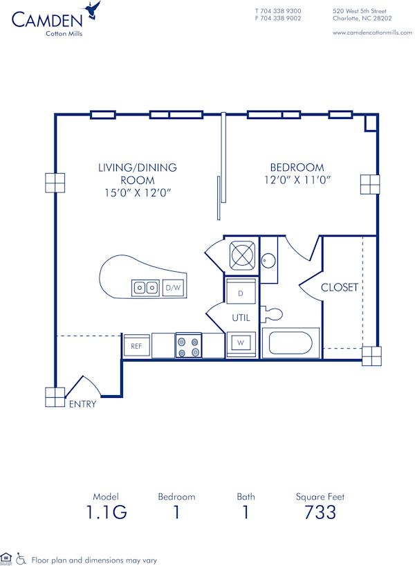 Blueprint of 1.1G Floor Plan, 1 Bedroom and 1 Bathroom at Camden Cotton Mills Apartments in Charlotte, NC