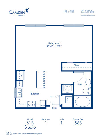 S1B Floor Plan, Studio Apartment Home with 1 Bathroom at Camden South End in Charlotte, NC