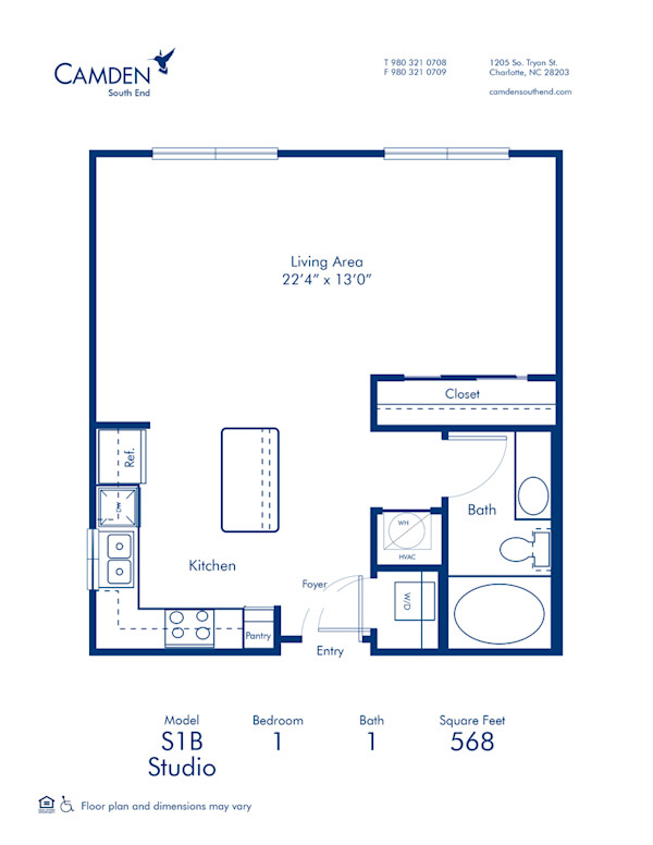 S1B Floor Plan, Studio Apartment Home with 1 Bathroom at Camden South End in Charlotte, NC