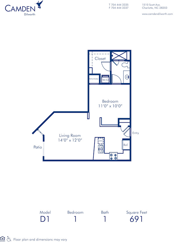 D1 Floor Plan, Apartment Home with 1 Bedroom and 1 Bathroom at Camden Dilworth in Charlotte, NC