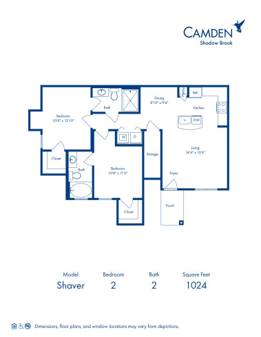 Blueprint of Shaver Floor Plan, 2 Bedrooms and 2 Bathrooms at Camden Shadow Brook Apartments in Austin, TX