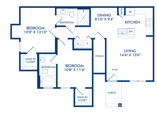 Blueprint of Shaver Floor Plan, 2 Bedrooms and 2 Bathrooms at Camden Shadow Brook Apartments in Austin, TX