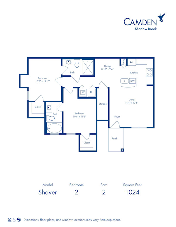 Blueprint of Shaver Floor Plan, 2 Bedrooms and 2 Bathrooms at Camden Shadow Brook Apartments in Austin, TX