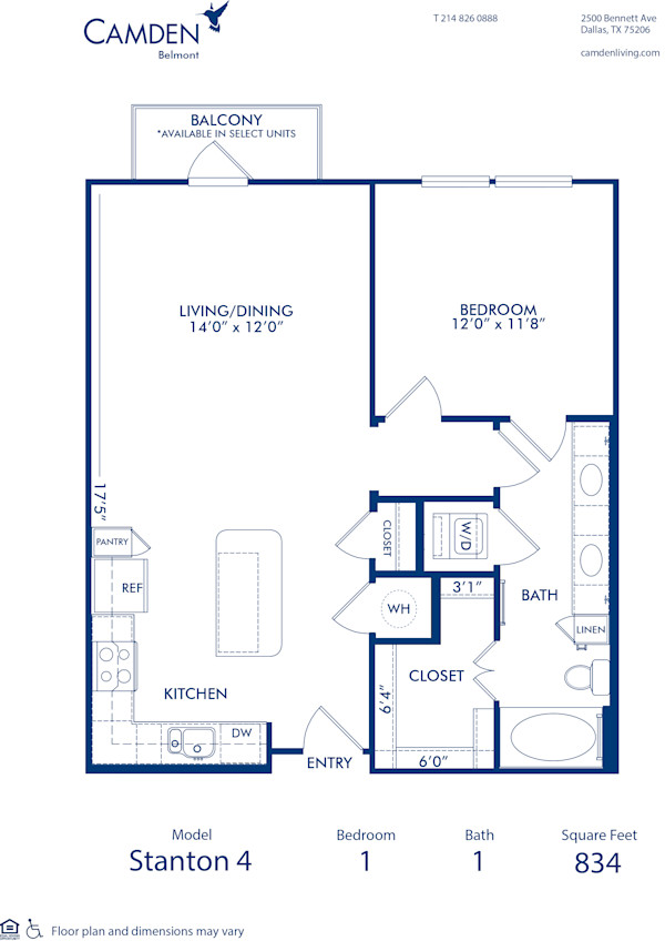 Blueprint of Stanton 4 Floor Plan, 1 Bedroom and 1 Bathroom at Camden Belmont Apartments in Dallas, TX