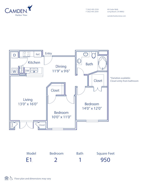 Blueprint of E1 Floor Plan, 2 Bedrooms and 1 Bathroom at Camden Harbor View Apartments in Long Beach, CA