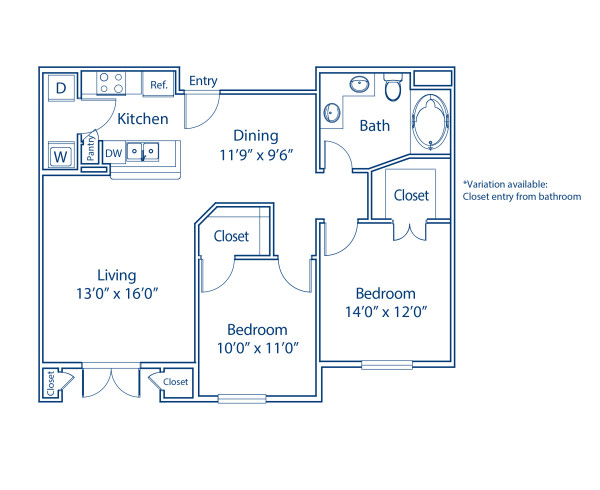 Blueprint of E1 Floor Plan, 2 Bedrooms and 1 Bathroom at Camden Harbor View Apartments in Long Beach, CA