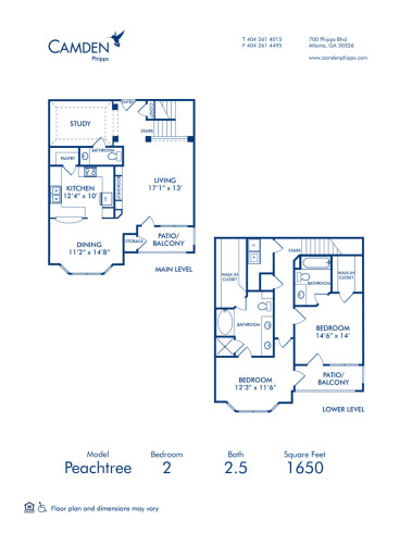 Blueprint of Peachtree Floor Plan, 2 Bedrooms and 2.5 Bathrooms at Camden Phipps Apartments in Atlanta, GA