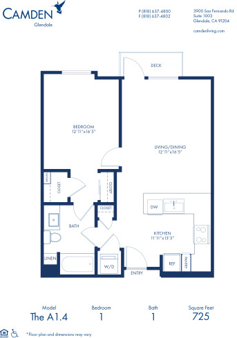 Blueprint of A1.4 Floor Plan, Apartment Home with 1 Bedroom and 1 Bathroom at Camden Glendale in Glendale, CA
