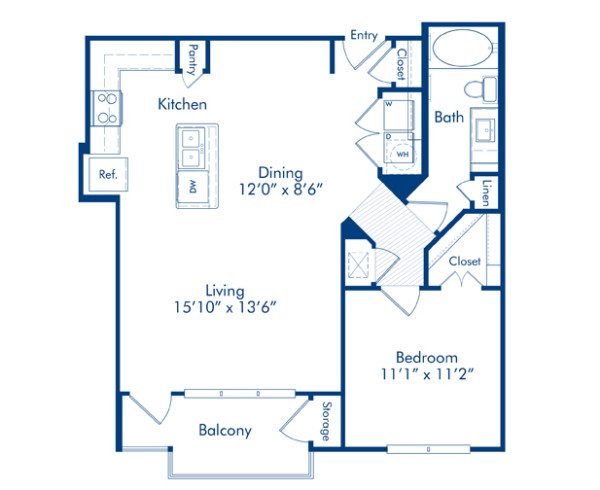 Blueprint of Fluttermill Floor Plan, 1 Bedroom and 1 Bathroom at Camden Lamar Heights Apartments in Austin, TX