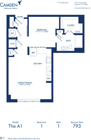 Blueprint of A1 Floor Plan, One Bedroom and One Bathroom Apartment at Camden McGowen Station Apartments in Midtown Houston, TX