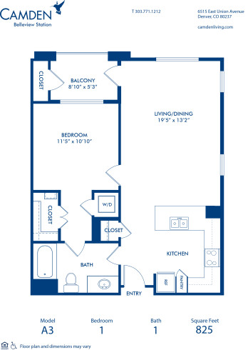 Blueprint of A3 Floor Plan, 1 Bedroom and 1 Bathroom at Camden Belleview Station Apartments in Denver, CO