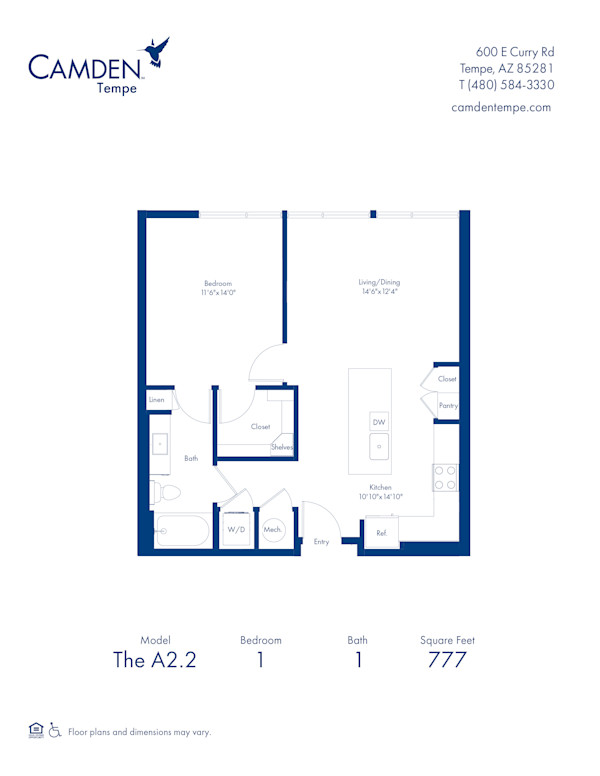 Camden Tempe apartments in Tempe, Arizona, one bedroom floor plan A2.2