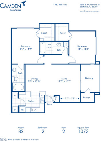 Blueprint of B2 Floor Plan, 2 Bedrooms and 2 Bathrooms at Camden San Marcos Apartments in Scottsdale, AZ